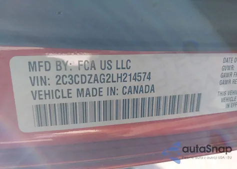 2020 Dodge Challenger Sxt из США, поврежденный, VIN 2C3CDZAG2LH214574